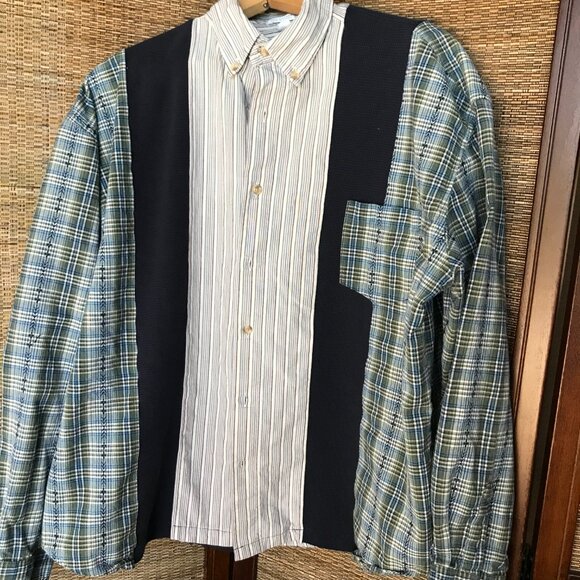 Mixed Prints Button-Down Shirt, Size L to XL: Upcycled Unisex Patchwork Boho Top - Picture 11 of 15